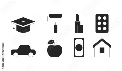 Budget categories 2D black filled objects set. Education, transportation, housing, groceries, medicine. Common expenses isolated clipart vector ink items collection. Monochrome spot illustrations