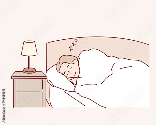 Relaxed Woman Sleeping Comfortably in Bed with Blanket in Master Bedroom. Hand drawn style vector design illustrations.