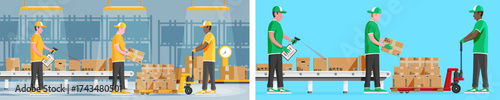 Man worker scanning package, loading box, delivering order. Isometric view of goods or parcel from warehouse for shipping.