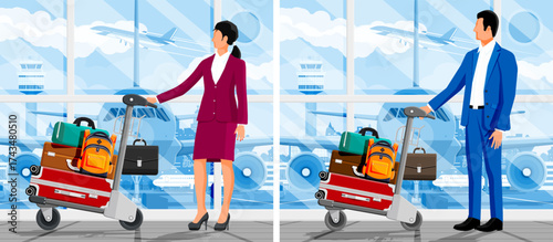 Woman and man at airport with luggage trolley, airplane landing or taking off. Travel and business trip concept.