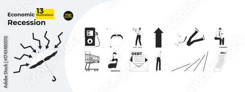Financial crisis outline illustrations mega bundle. Debt, bill. Empty wallet. Rising prices. Shopping cart. Economic recession 2D linear images isolated. Collection black and white vector drawings