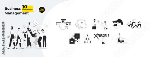 Business management and team collaboration outline illustrations mega bundle. Brainstorming, data analysis, overload tasks 2D linear images isolated. Collection black and white vector drawings