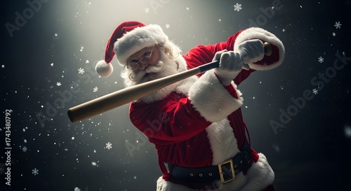 Santa claus swings a baseball bat with festive holiday spirit and snow