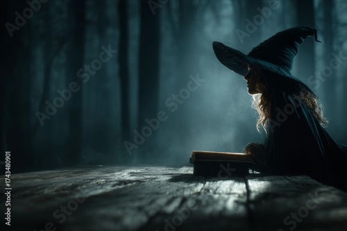 Enchanted journeys: a witch's tale in the mystical forest. Professional look. Enchanted witchcraft: a spellbound witch in a swirling forest of magic. Fashion beauty. Commercial image.