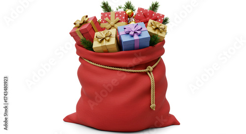 Santa's festive red bag overflowing with colorful Christmas presents ready for holiday giving and joyful celebrations