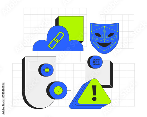Cloud security and threat detection 2D onboarding ui illustration. Binary code, face recognition complete, microchip, risk management cartoon concept isolated on white. Flat abstract vector metaphor