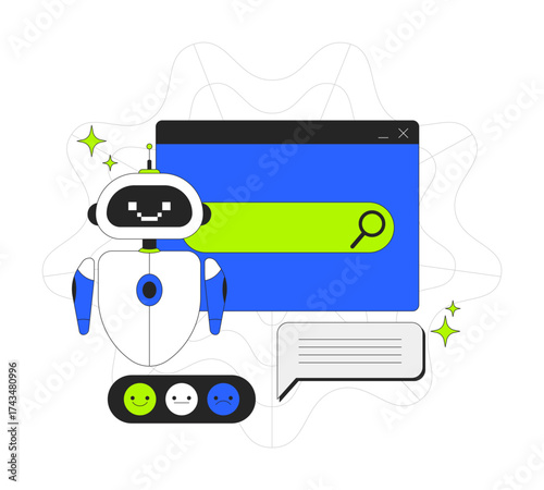 AI powered search bar 2D onboarding ui illustration. Artificial intelligence chatbot. Machine learning search engine technology cartoon concept isolated on white. Flat abstract vector metaphor