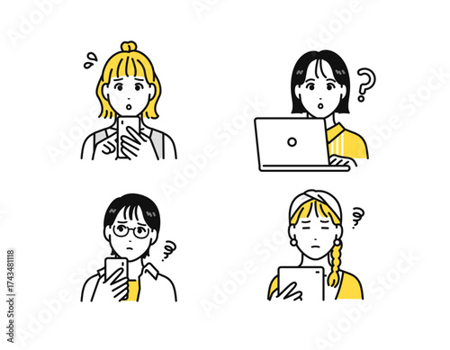 スマートフォン タブレット ノートパソコン 困る 悩む 若い女性 アイコン
