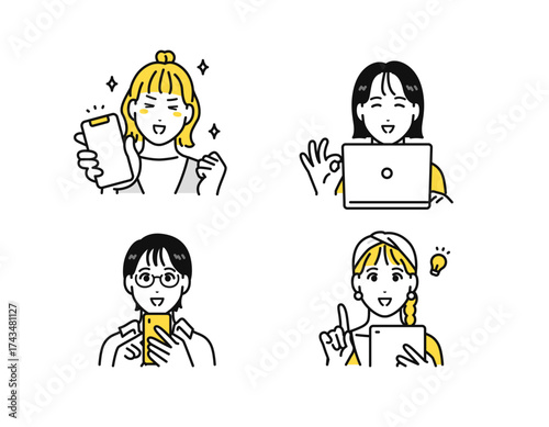 スマートフォン タブレット ノートパソコン 嬉しい 解決 若い女性 アイコン