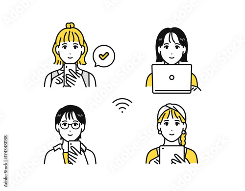 スマートフォン タブレット ノートパソコン 若い女性 アイコン セット