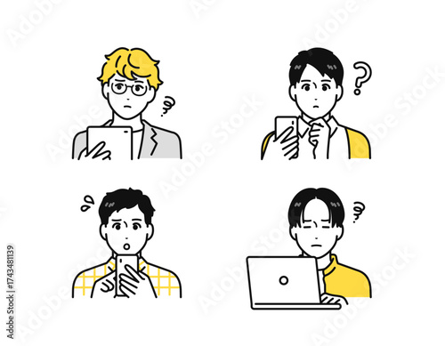 スマホ・タブレット・ノートパソコンを見て困る若い男性のアイコンセット