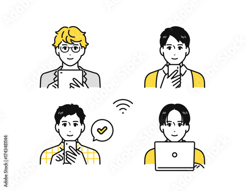 スマートフォン・タブレット端末・pcを操作する若い男性のアイコンセット