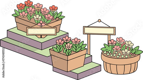 Charming flower arrangements displayed on tiered shelves, perfect for garden centers and floral design projects