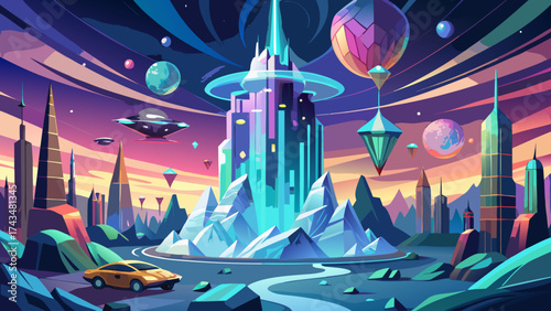 Crystal tower metropolis under glowing aurora sky, flying cars weaving between glass domes, symbolizing peace, clean energy, and human evolution toward advanced civilization.