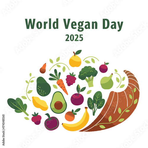 World Vegan Day 2025 vector illustration. Cornucopia (horn of plenty) with an abundance of fresh fruits and vegetables for a healthy, plant-based diet concept.