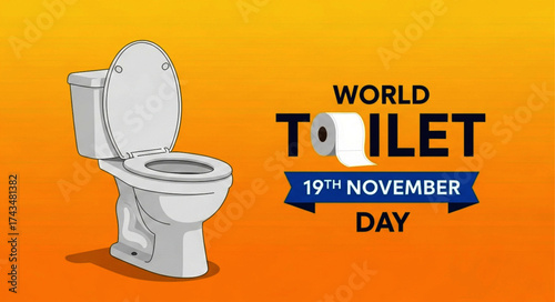 Clean White Toilet with Open Lid and Tank, Isolated on Orange Background.