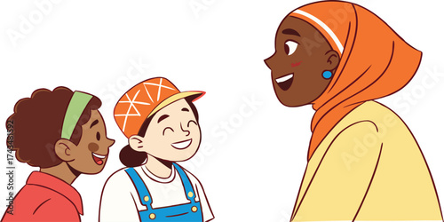 Joyful children listen attentively to a smiling woman wearing an orange hijab, fostering connection and education
