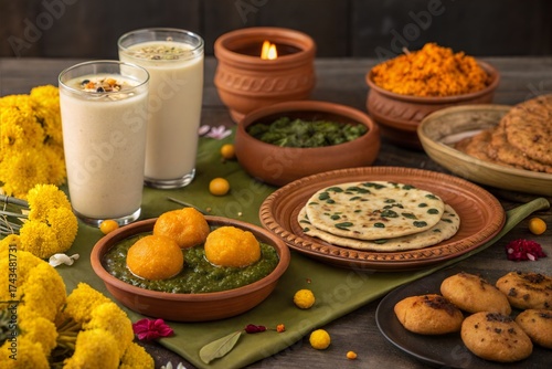 Traditional Baisakhi feast with food, drinks, and flowers.