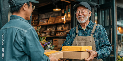 Elderly man with glasses and beard smiles while receiving packages from delivery person outside small shop, scene conveys