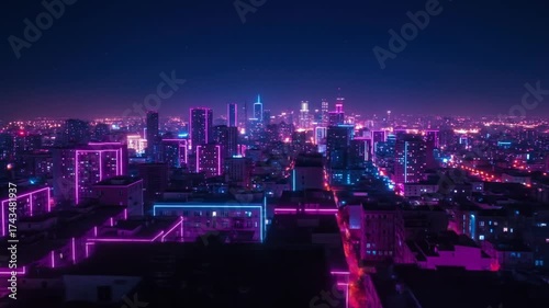 Futuristic cityscape with neon lights illuminating skyscrapers at night
