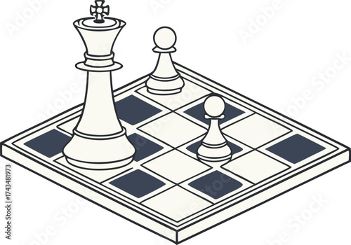 Chess game strategy concept with king and pawns on a minimalist chessboard, representing leadership and tactics