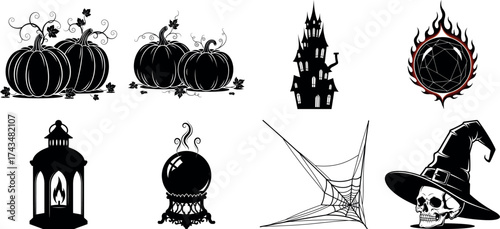 Vector art of group of halloween elements including pumpkins, haunted house, witch hat, skull, spiderweb, and lantern