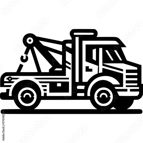Heavy Duty Tow Truck: A black and white image showcasing a powerful tow truck, ready to assist vehicles in need, symbolizing reliability and roadside assistance. 
