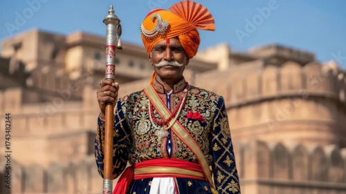 Guarding Traditions: A regal sentinel standing before the ancient fort of Rajasthan