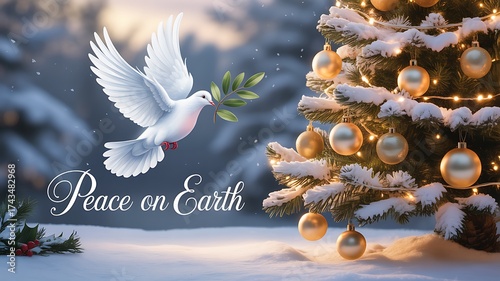 White dove with olive branch flying near christmas tree with peace on earth message
