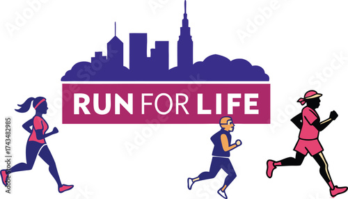 Dynamic runners sprinting in urban marathon for healthy lifestyle campaign, promoting fitness and wellness with city skyline backdrop, originally vector
