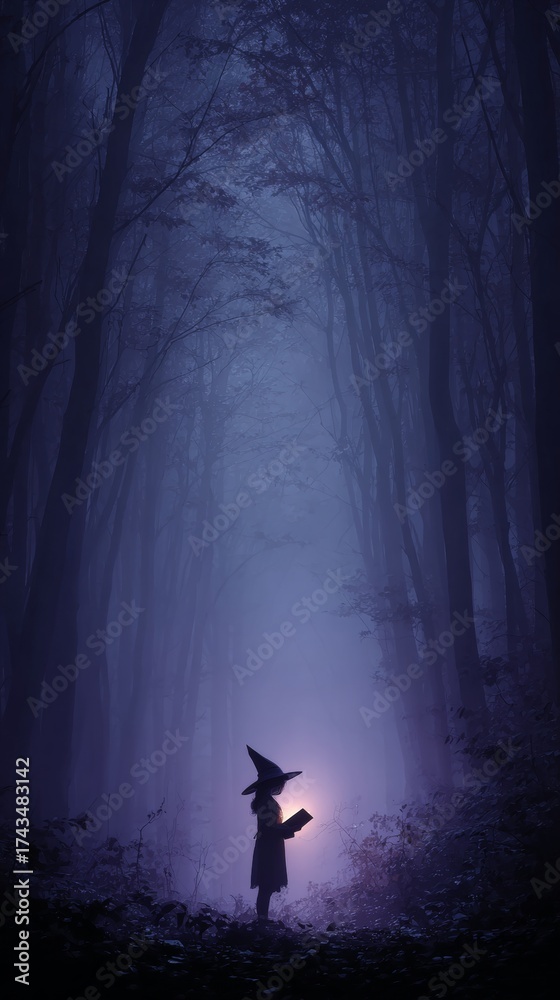 Fototapeta premium Enchanted journeys: a witch's tale in the mystical forest. Adventure poster. Magical encounter: a young witch and her luminescent spell book. Scifi poster. Visual poster.
