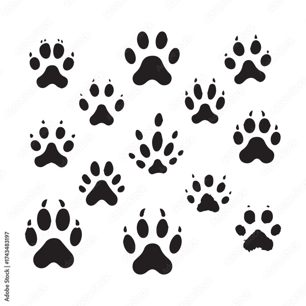 Fototapeta premium Scattered black paw print icons and animal track shapes on a white background animal tracks footprint