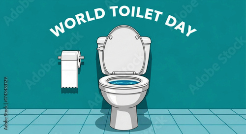 Animated White Toilet with Open Lid and Blue Water, Celebrating World Toilet Day.