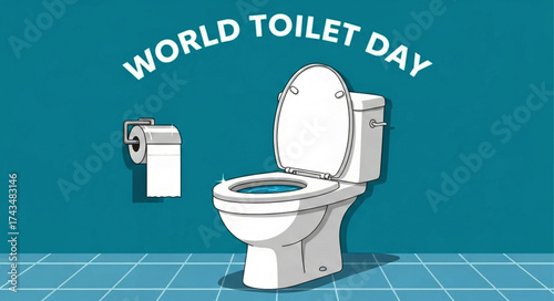 White Ceramic Toilet with Open Lid and Toilet Paper Roll for World Toilet Day