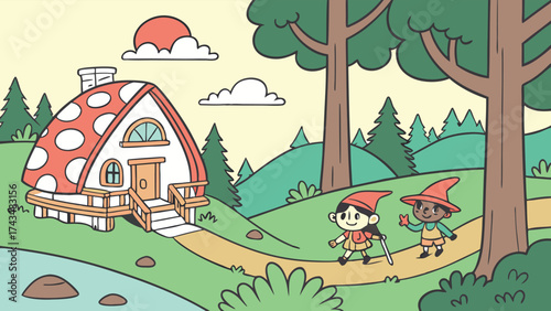 Enchanting mushroom house nestled in whimsical forest, two charming gnomes exploring nature, serene fairytale adventure awaits discovery
