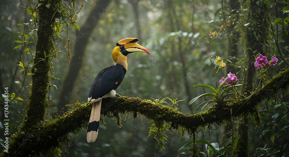 Fototapeta premium Stunning great hornbill perched on a mossy branch with vibrant orchids in a lush rainforest, bringing a touch of exotic wildlife to your next project
