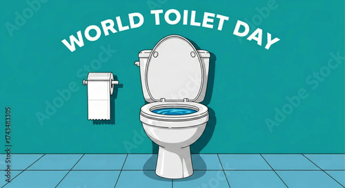 Cartoon Illustration of a White Toilet with Open Lid and Blue Water