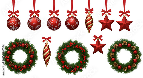 Festive Christmas ornaments and wreaths set with red bows bring holiday cheer for your festive seasonal designs