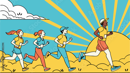 Dynamic group running together outdoors towards the rising sun, full of energy and fitness, promoting a healthy and active lifestyle beautifully