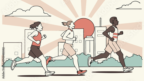 Dynamic runners sprinting through cityscape at sunrise, embracing fitness and healthy lifestyle, perfect for sports and wellness campaigns