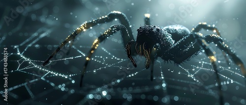 Close up of a dark spider on a dew-covered web macro