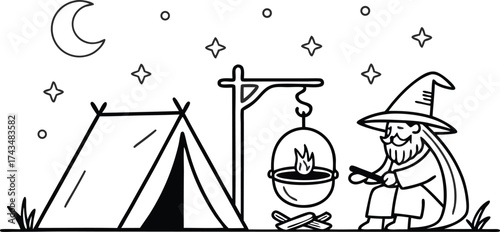 Whimsical wizard camping under the stars, cooking a magical brew over the campfire, perfect for fantasy illustrations and storybooks