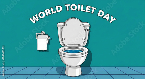 White Toilet with Blue Water, Seat Up, and Toilet Paper Roll Illustration
