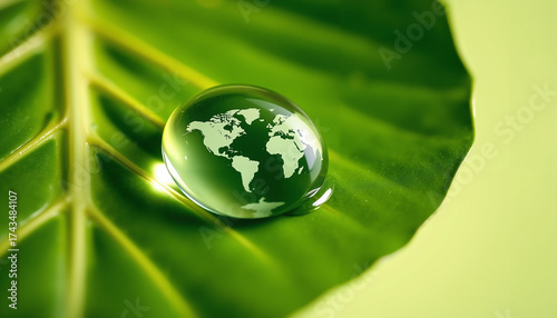 Global water conservation concept: macro water droplet with world map reflection on monstera leaf.