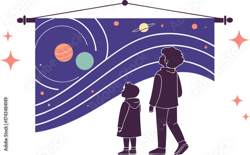 Inspiring space journey for kids! Explore the cosmos and ignite imagination with this modern illustration of a child and parent gazing at the stars