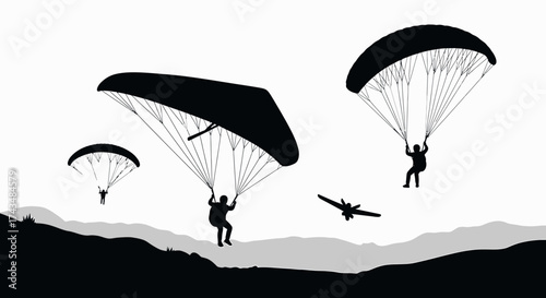 Silhouetted Parachutists Soaring Above Landscape A Study in Contrast and Adventure.