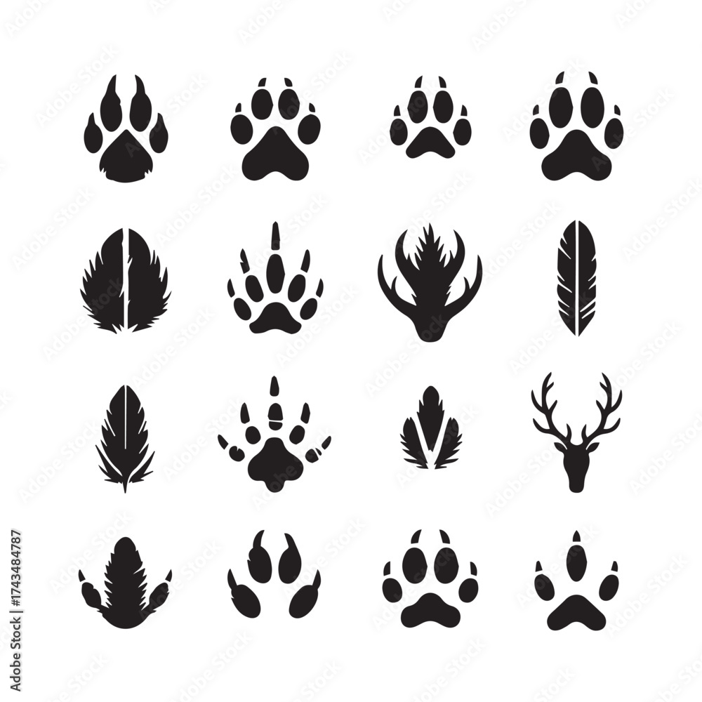 Fototapeta premium Sixteen black silhouette icons of animal paw prints, deer, and feathers on a white background