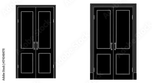 Two Black Double Doors with White Trim and Handles.