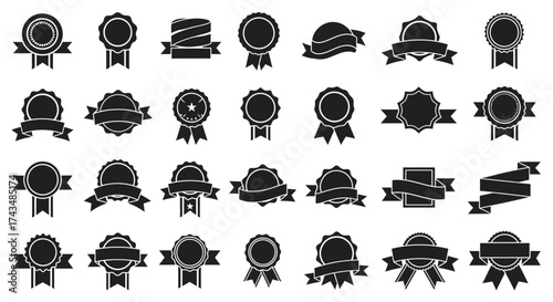 Collection of Black and White Award Badges and Ribbons.