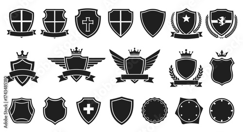 Collection of Heraldic Shields and Crests for Design Projects.